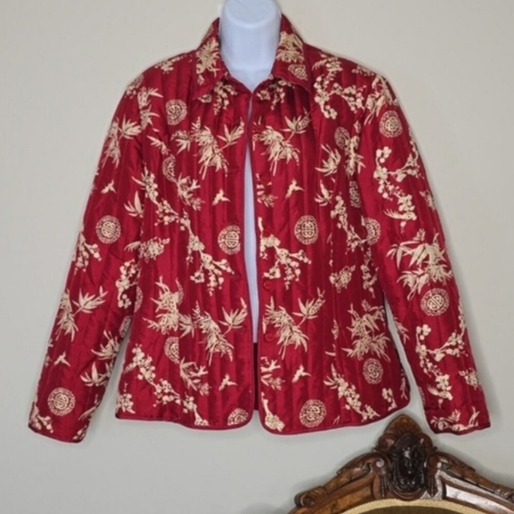 Carole Little 100% Silk Quilted Red Artsy Boho Jacket Blazer Large